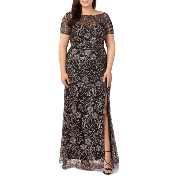 JS COLLECTIONS Salmon Pink Black Floral Embroidered Lace Trumpet Slit Gown 10 - Picture 6 of 10